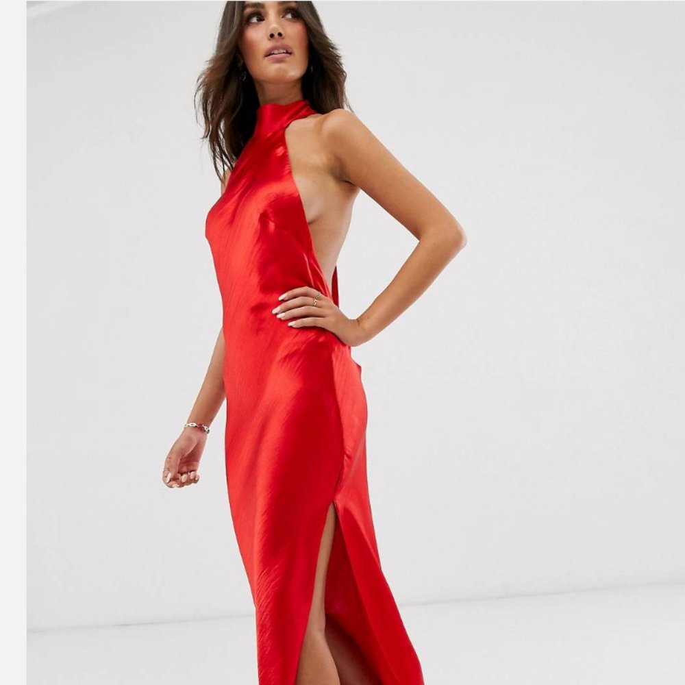 ASOS Red choker maxi dress in high shine satin